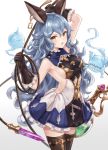  1girl :o animal_ears arm_up armpits bare_shoulders black_gloves blue_hair breasts brown_eyes dress ear_piercing ferry_(granblue_fantasy) flask fuwawa_(fuwawa617) ghost gloves granblue_fantasy hand_up highres holding lasso long_hair looking_at_viewer medium_breasts open_mouth piercing sideboob solo thighhighs very_long_hair wavy_hair weapon zettai_ryouiki 