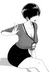  1girl breasts cleavage crossed_legs earrings greyscale highres id_card jewelry lanyard large_breasts monochrome norman_maggot office_lady olive_laurentia original pencil_skirt pixie_cut shirt_tucked_in short_hair simple_background sitting skirt sleeves_pushed_up solo w white_background 