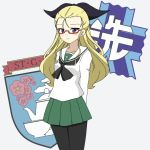  1girl alternate_costume arms_behind_back assam bespectacled black_legwear black_neckwear black_ribbon blonde_hair blouse blue_eyes closed_mouth commentary cowboy_shot emblem girls_und_panzer glasses green_skirt grey_background hair_pulled_back hair_ribbon ichinose_jun light_blush long_hair long_sleeves looking_at_viewer miniskirt neckerchief ooarai_(emblem) ooarai_school_uniform pantyhose pleated_skirt red-framed_eyewear ribbon school_uniform semi-rimless_eyewear serafuku simple_background skirt smile solo st._gloriana&#039;s_(emblem) standing under-rim_eyewear white_blouse 