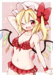  1girl ;d arm_up bangs bare_arms bare_shoulders bikini blonde_hair blush border bow breasts brown_background cleavage collarbone commentary_request cowboy_shot crystal eyebrows_visible_through_hair fang flandre_scarlet frilled_bikini frills front-tie_bikini front-tie_top groin hair_between_eyes hand_behind_head hat hat_bow highres long_hair looking_at_viewer mob_cap navel one_eye_closed one_side_up open_mouth outside_border red_bikini red_bow red_eyes side-tie_bikini simple_background small_breasts smile solo sparkle standing stomach suwa_yasai swimsuit touhou white_border white_headwear wings wristband 