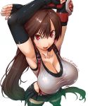  1girl amania_orz armpits arms_up bangs black_skirt breasts brown_eyes brown_hair cleavage collarbone commentary_request elbow_gloves elbow_pads final_fantasy final_fantasy_vii final_fantasy_vii_remake fingerless_gloves from_above gloves highres huge_breasts long_hair looking_at_viewer low-tied_long_hair midriff miniskirt open_mouth pencil_skirt shirt skirt suspender_skirt suspenders tank_top taut_clothes taut_shirt thighhighs thighs tifa_lockhart undershirt 