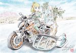  1girl animal bag bangs belt blonde_hair blue_eyes blue_sky blunt_bangs blush boots cloud cloudy_sky collarbone girls_und_panzer ground_vehicle hand_up highres koala kubota_shinji long_hair looking_at_another looking_at_viewer motor_vehicle motorcycle mountain ponytail road short_sleeves shorts sky socks thighhighs tree_stump twig vehicle wallaby_(girls_und_panzer) 