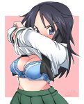  1girl artist_name bangs black_hair black_neckwear blouse blue_bra blue_eyes blush bow bow_bra bra breasts cleavage closed_eyes commentary cowboy_shot dated fanta_(the_banana_pistols) freckles girls_und_panzer green_skirt highres lifted_by_self long_hair long_sleeves looking_at_viewer medium_breasts neckerchief ooarai_school_uniform outline pink_background pleated_skirt school_uniform serafuku shirt_lift signature skirt solo standing symbol_commentary underwear undressing white_blouse white_outline yamagou_ayumi 