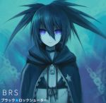  1girl asymmetrical_hair black_bikini_top black_coat black_ribbon black_rock_shooter black_rock_shooter_(character) blue_background blue_eyes blue_hair chain character_name closed_mouth copyright_name flat_chest front-tie_bikini front-tie_top hair_between_eyes highres hood hood_down long_hair looking_at_viewer ly_(pixiv13839236) ribbon scar solo spiked_hair twintails upper_body zipper 