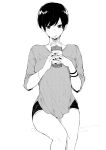  1girl black_nails blouse bracelet commentary cup drinking drinking_straw_in_mouth english_commentary greyscale highres holding holding_cup iced_tea jewelry looking_at_viewer monochrome nail_polish norman_maggot olive_laurentia original pixie_cut shirt short_hair short_shorts shorts simple_background sitting solo white_background 