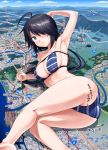  1girl admiral_(kantai_collection) ahoge armpits ass bangs bikini black_hair blue_eyes blue_sky blush breasts city cleavage collarbone day hair_ornament hair_over_one_eye hairclip hand_behind_head highres holding ichikawa_feesu kako_(kantai_collection) kantai_collection large_breasts long_hair looking_at_viewer lying map messy_hair mountain on_side outdoors parted_bangs partially_translated ponytail remodel_(kantai_collection) revision short_hair sidelocks skindentation sky solo striped striped_bikini sweatdrop swimsuit t-head_admiral translation_request 
