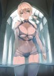  1girl arch artoria_pendragon_(all) artoria_pendragon_(lancer) bangs blue_sky bra braid breasts building cleavage closed_mouth commentary_request cowboy_shot day fate/grand_order fate_(series) french_braid green_eyes hair_between_eyes highres large_breasts lingerie panties pink_lips sheer_clothes sidelocks sky solo swept_bangs thighs throtem underwear water 