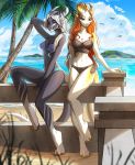  2019 5_fingers anthro barefoot bikini breasts clothed clothing day detailed_background digital_media_(artwork) dragon duo female fingers hair horn looking_at_viewer non-mammal_breasts orange_hair outside sand smile swimwear water yasmil 