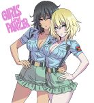  2girls absurdres andou_(girls_und_panzer) aoshidan_(emblem) aoshidan_school_uniform belt belt_buckle black_hair blonde_hair blue_eyes blush breasts brown_eyes buckle cleavage dark_skin frills girls_und_panzer green_skirt hand_on_another&#039;s_hip hand_on_hip highres looking_at_viewer medium_hair messy_hair multiple_girls oshida_(girls_und_panzer) school_uniform short_sleeves simple_background skirt suspenders white_background yamashita_shun&#039;ya 