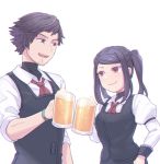  1boy 1girl :d alcohol beard beer beer_mug black_hair facial_hair gillian_(va-11_hall-a) jill_stingray open_mouth simple_background sleeves_rolled_up smile teeth turtleneck twintails uniform va-11_hall-a vest white_background y_(35504109) 