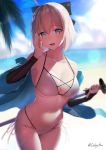  1girl :d absurdres ahoge arm_guards bangs bare_shoulders bikini bikini_day bikini_under_clothes black_bow blonde_hair blue_eyes blue_kimono blurry blurry_background blush bow breasts celeryma cleavage collarbone cowboy_shot day eyebrows_visible_through_hair fate/grand_order fate_(series) hair_between_eyes hair_bow highres holding holding_sword holding_weapon japanese_clothes katana kimono looking_at_viewer medium_breasts off_shoulder okita_souji_(fate) okita_souji_(fate)_(all) open_mouth outdoors short_hair side-tie_bikini sidelocks signature skindentation smile solo swimsuit sword thighhighs twitter_username weapon white_bikini 