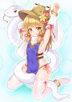  1girl :p absurdres anklet arm_ribbon armpits arms_up bangs bare_shoulders black_panties blonde_hair blue_background blush brown_headwear bushi_(1622035441) covered_navel detached_sleeves eyebrows_visible_through_hair flat_chest flower forked_tongue hair_ribbon hat hat_flower highres jewelry long_hair long_sleeves looking_at_viewer moriya_suwako naked_tabard no_shoes panties red_flower red_ribbon ribbon ribbon-trimmed_legwear ribbon_trim sitting smile snake solo tabard thighhighs thighs tongue tongue_out touhou underwear wariza white_legwear white_snake yellow_eyes yellow_flower 