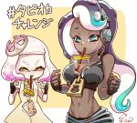  2019 animal_humanoid beverage breasts bubble_tea cephalopod cephalopod_humanoid clothing crown cup dark_skin duo female fingerless_gloves flat_chested gloves green_eyes hands-free_bubble_tea handwear headphones hi_res humanoid humor inkling japanese_text koryuchikupa3 marina_(splatoon) marine marine_humanoid meme mollusk mollusk_humanoid navel nintendo octarian octoling off_the_hook_(splatoon) pearl_(splatoon) signature splatoon tentacle_hair tentacles text video_games yellow_eyes 