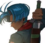  1boy arm_behind_back blue_eyes blue_hair close-up denim denim_jacket dragon_ball dragon_ball_super eyebrows_visible_through_hair face floating_hair from_behind holding holding_sword holding_weapon jacket looking_at_viewer male_focus neckerchief profile red_neckwear serious shaded_face simple_background sword tako_jirou trunks_(future)_(dragon_ball) upper_body weapon white_background 