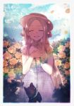  1girl abigail_williams_(fate/grand_order) artist_request bangs belt closed_eyes cloud collar damaged fate/grand_order fate_(series) flower hand_on_own_chest hat highres open_mouth parted_bangs petals rose rose_petals sky smile stuffed_animal stuffed_dog stuffed_toy stuffing yellow_flower 