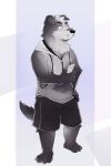  2019 absurd_res anthro black_fur black_nose bottomwear canid canine canis clothing domestic_dog eyes_closed fur hi_res male mammal nele_chung phone shirt shorts solo topwear 