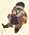  2019 ailurid anthro belly black_fur bodily_fluids bulge clothed clothing eyes_closed fur hi_res kronexfire male mammal moobs navel nipples open_shirt overweight overweight_male red_panda shirt simple_background sitting solo sweat topwear underwear 