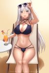  1girl 1nilla&#039; :d adjusting_eyewear armpits bangs bare_shoulders bikini blue_bikini blue_eyes blush breasts cecilia_schariac choker cleavage collarbone cup earrings eyebrows_visible_through_hair grey_hair groin hair_between_eyes hair_ornament highres holding holding_cup honkai_(series) honkai_impact_3rd hoop_earrings jewelry large_breasts long_hair looking_at_viewer multi-strapped_bikini navel open_mouth patreon_username purple_nails sidelocks sitting skindentation smile solo stomach sunglasses swimsuit tinted_eyewear very_long_hair 