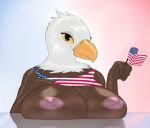  2019 4th_of_july accipitrid accipitriform avian bald_eagle beak big_breasts bird breasts eagle feathers female flag glistening hand_on_breast hi_res looking_at_viewer multicolored_feathers nipples presenting sea_eagle smile solo squish thousandfoldfeathers white_feathers 