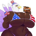  2019 4_fingers 4th_of_july absurd_res accipitrid accipitriform anthro avian bald_eagle beak belly big_breasts bikini bird blush breasts burger clothed clothing deep_navel digital_media_(artwork) eagle female fingers flag food front_view hat headgear headwear hi_res holding_object huge_breasts looking_at_viewer midriff navel non-mammal_breasts sea_eagle slightly_chubby solo sssonic2 stars_and_stripes swimwear thick_thighs united_states_of_america voluptuous wide_hips yellow_eyes 