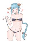  1girl :3 aqua_hair arm_at_side bangs bare_arms bare_shoulders bikini blunt_bangs breasts bright_pupils brown_horns commentary_request contrapposto cropped_legs granblue_fantasy head_tilt heart highres horns lamretta long_braid long_hair looking_at_viewer lowleg lowleg_bikini mibushido_(milking) navel no_nose o-ring o-ring_top open_mouth pointy_ears pulled_by_self red_eyes shoulder_blush side-tie_bikini simple_background solo standing strap_pull swimsuit very_long_hair white_background white_pupils 
