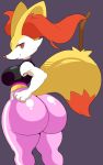  2019 anthro big_breasts big_butt big_ears braixen breasts bubble_butt butt clothing dipstick_tail female fur half-closed_eyes hand_on_butt hi_res huge_butt inner_ear_fluff looking_at_viewer multicolored_fur multicolored_tail nintendo orange_fur pok&eacute;mon pok&eacute;mon_(species) presenting short_stack simple_background smile solo stick vammzu video_games voluptuous white_fur yellow_fur yoga_pants 