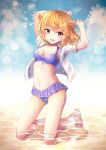  1girl :d ahoge arms_up ass_visible_through_thighs bare_legs barefoot bikini blonde_hair blue_sky breasts cleavage cloud glint jacket kneeling looking_at_viewer medium_breasts navel open_clothes open_jacket open_mouth original purple_bikini red_eyes short_hair short_sleeves sky smile solo stomach swimsuit thighs vesper_(pixiv3568) water white_jacket 