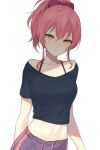  1girl bangs bare_shoulders black_shirt bow collarbone commentary_request eyebrows_visible_through_hair hair_between_eyes hair_bow high_ponytail idolmaster idolmaster_cinderella_girls jougasaki_mika looking_at_viewer midriff navel off-shoulder_shirt off_shoulder pants parted_lips pink_hair ponytail purple_pants red_bow shirt short_sleeves sidelocks silltare simple_background solo sweatpants white_background yellow_eyes 