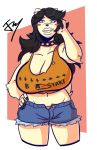  absurd_res blush blush_stickers bottomwear breasts canid canine canis choker cleavage clothed clothing colored_nails denim denim_clothing denim_shorts domestic_dog female hair hi_res jewelry kingjaguar mammal nails necklace shorts solo 
