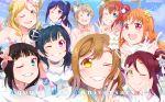  6+girls bare_shoulders black_hair blonde_hair blue_eyes blue_hair blush breasts cleavage cloud dress everyone flower green_eyes grey_hair group_picture hair_flower hair_ornament jewelry kitahara_tomoe_(kitahara_koubou) kunikida_hanamaru kurosawa_dia kurosawa_ruby long_hair looking_at_viewer love_live! love_live!_sunshine!! matsuura_kanan mole multiple_girls necklace ohara_mari one_eye_closed orange_hair pearl_necklace ponytail purple_eyes red_eyes red_hair sakurauchi_riko short_hair side_bun smile strapless strapless_dress takami_chika thank_you_friends!! tsushima_yoshiko v watanabe_you white_dress yellow_eyes 