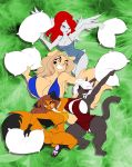  anthro breasts canid canine canis clothed clothing domestic_cat domestic_dog felid feline felis female fox group hi_res mammal mramp open_mouth pillow pillow_fight sagestrike2_(artist) 