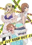  3girls artist_request blonde_hair bra breasts brown_hair caution_tape cleavage estelle_rosenthal green_eyes grey_eyes hair_ribbon highres keep_out last_order looking_at_viewer looking_back misaka_imouto mole mole_under_eye multiple_girls official_art panties ribbon school_uniform short_hair to_aru_kagaku_no_accelerator to_aru_majutsu_no_index underwear 