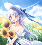  1girl artist_name bare_shoulders blue_bow blue_hair blue_sky bow chinobara cloud crossed_arms day dress earrings flower hat hat_bow jewelry open_mouth original outdoors sky smile standing summer sun_hat sunflower watermark white_headwear yellow_eyes 