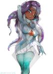  1girl absurdres aqua_eyes aqua_legwear arm_behind_head arm_up blue_hair breasts covered_nipples diamond_(shape) dress facial_mark furrowed_eyebrows gradient_hair highres horizontal_pupils iida_(splatoon) medium_breasts mole mole_under_mouth multicolored_hair nikumanman octarian pantyhose pink_pupils purple_hair short_dress smile solo splatoon_(series) splatoon_2 suction_cups tentacle_hair twitter_username two-tone_hair underboob underboob_cutout white_background 