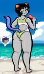  alien beach black_hair butt clothing dessert fangs female food grey_skin hair homestuck horn ice_cream karkat_vantas looking_back ms_paint_adventures nepeta_leijon newtype_hero one_eye_closed seaside short_hair smile solo swimwear thick_thighs webcomic wink 