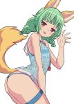  1girl absurdres animal_ear_fluff animal_ears ass bangs bare_arms bare_shoulders bikini_bottom blue_shirt chain character_request commentary_request eyebrows_behind_hair fox_ears fox_girl fox_tail green_hair hand_up heart highres hood hood_down leaning_forward long_hair looking_at_viewer looking_to_the_side low_twintails nyama purple_eyes shirt short_twintails simple_background sleeveless sleeveless_shirt solo striped striped_bikini_bottom tail tail_raised tera_online thigh_strap twintails white_background 