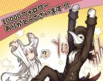  1boy 1girl ? animal_ear_fluff animal_ears arms_up black_jacket commentary_request followers gloves hat highres jacket kazana_(sakuto) long_hair long_sleeves original pants plague_doctor_mask saku_(kazana) spoken_question_mark sweater tail translation_request white_gloves white_hair wolf_ears wolf_tail yellow_eyes 