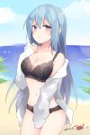  1girl bare_shoulders beach black_bra black_panties blue_eyes blue_hair blue_sky bra breasts cleavage closed_mouth cloud commentary_request cowboy_shot day emori_miku emori_miku_project frown hair_ornament hand_up highres horizon jacket kuroi_(liar-player) long_hair long_sleeves looking_at_viewer medium_breasts navel ocean off_shoulder open_clothes open_jacket outdoors panties sidelocks sky solo standing stomach thighs twitter_username underwear very_long_hair white_jacket 
