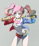 1girl baseball_bat belt brown_hair cosplay dc_comics gloves green_eyes harley_quinn harley_quinn_(cosplay) heterochromia highres iesupa jacket jewelry makeup multicolored_hair navel neo_(rwby) pantyhose pink_hair rwby short_shorts shorts solo suicide_squad twintails 