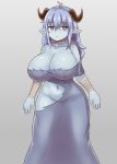  1girl :/ bandaged_arm bandaged_neck bandages bangs bare_shoulders blue_hair blue_skin breasts collarbone commentary dress expressionless eyebrows_visible_through_hair grey_background grey_eyes hair_between_eyes highres horns huge_breasts legs_apart long_hair looking_at_viewer monster_girl_encyclopedia nav navel pointy_ears simple_background solo torn_clothes torn_dress zombie_(monster_girl_encyclopedia) 