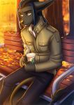  2019 anthro black_nose canid clothed clothing day detailed_background digital_media_(artwork) kammi-lu male mammal outside sitting smile solo tan_eyes 