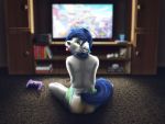  anthro blue_hair bodily_fluids canid canine canis controller diaper domestic_dog fetimation fur genital_fluids green_eyes grey_fur hair hi_res looking_back male mammal sitting solo television urine wet_diaper wetting 