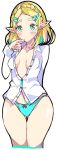  1girl absurdres aqua_eyes aqua_hair aqua_panties arm_behind_back ass_visible_through_thighs bare_hips black_bow blush bow bow_panties braid breasts breasts_apart closed_mouth collarbone collared_shirt cropped_legs crown_braid enpe finger_to_mouth forehead hair_ornament hairclip hand_up highres long_sleeves looking_at_viewer multicolored_hair no_bra panties pinky_to_mouth pointy_ears princess_zelda shirt short_hair simple_background small_breasts smile solo the_legend_of_zelda the_legend_of_zelda:_breath_of_the_wild the_legend_of_zelda:_breath_of_the_wild_2 thigh_gap two-tone_hair unbuttoned unbuttoned_shirt underwear white_background white_shirt 