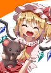  1girl ^_^ arm_at_side arm_up bangs blonde_hair blush closed_eyes commentary_request cowboy_shot cravat eyebrows_visible_through_hair facing_viewer fang flandre_scarlet frilled_shirt_collar frills hair_between_eyes happy hat hat_ribbon highres holding holding_stuffed_animal leaning_to_the_side mob_cap open_mouth orange_background pink_headwear puffy_short_sleeves puffy_sleeves red_skirt red_vest ribbon shiny shiny_hair shirt short_hair short_sleeves side_ponytail simple_background skirt skirt_set solo stuffed_animal stuffed_toy sugiyama_ichirou teddy_bear touhou two-tone_background vest white_background white_shirt wings yellow_neckwear 