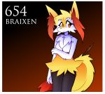  2019 anthro braixen breasts canid canine cheek_tuft chest_tuft featureless_breasts female fur hi_res holding_arm inget inner_ear_fluff mammal multicolored_fur nintendo nude orange_eyes pok&eacute;mon pok&eacute;mon_(species) pok&eacute;morph simple_background smile solo tuft video_games white_fur yellow_fur 