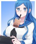  1girl blouse blue_eyes blue_hair blush breasts bubble_tea bubble_tea_challenge controller cup danganronpa donutous drink drinking drinking_straw eyebrows_visible_through_hair game_console glasses handheld_game_console long_hair long_sleeves looking_down meme new_danganronpa_v3 object_on_breast playing_games playstation_vita rimless_eyewear school_uniform shirogane_tsumugi simple_background solo upper_body video_game wavy_hair white_blouse 