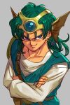 1boy circlet crossed_arms curly_hair dragon_quest dragon_quest_iv earrings green_hair hankuri helmet hero_(dq4) jewelry long_hair looking_at_viewer male_focus simple_background smile solo super_smash_bros. white_background 