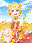  1girl :d aku_no_musume_(vocaloid) blonde_hair blue_eyes blue_sky blurry blush bow capelet choker cloud collarbone colored_eyelashes depth_of_field dress dress_grab evillious_nendaiki flower frilled_sleeves frills hair_bow hair_ornament hairclip holding_hand jewelry juliet_sleeves kagamine_rin kokura_(6131228) long_sleeves looking_at_viewer open_mouth petals pov pov_hands puffy_sleeves riliane_lucifen_d&#039;autriche rose rose_hair_ornament rose_petals sidelocks skirt_hold sky smile solo_focus sparkle vocaloid wide_sleeves yellow_dress yellow_flower yellow_nails yellow_rose 