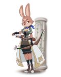  2019 4:5 amber_eyes anthro arrow bow_(weapon) breasts brown_fur cleavage clothed clothing female fur half-closed_eyes hi_res lagomorph leporid lonbluewolf mammal multicolored_fur rabbit ranged_weapon scarf solo two_tone_fur weapon 