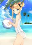  1girl abigail_williams_(fate/grand_order) absurdres ball bandaid bandaid_on_forehead bangs bare_arms bare_shoulders beach beachball black_bow blonde_hair blue_eyes blue_sky bow breasts chestnut_mouth cloud cowboy_shot day double_bun fate/grand_order fate_(series) from_side hair_bow highres holding island long_hair looking_at_viewer ocean one-piece_swimsuit orange_bow outdoors palm_tree parted_bangs parted_lips school_swimsuit sidelocks sky small_breasts solo standing swimsuit thighs tree tttanggvl water white_swimsuit 